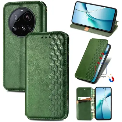 Xiaomi 15 Ultra Plånboksfodral Rhombus Imprint Läder - Grön