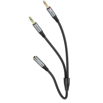 [2in1] Hoco AUX Jack till 2x Jack Kabel 0.25m - Metal Grå