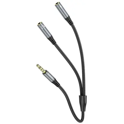 [2in1]Hoco AUX Jack (Male) till 2x Jack (Female) Kabel 0.25m - Metal Grå