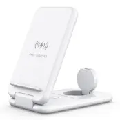 3-i-1 15W Trådlös Laddare Mobilställ Fällbar Laddningsplatta - Vit