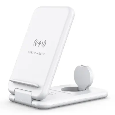 3-i-1 15W Trådlös Laddare Mobilställ Fällbar Laddningsplatta - Vit