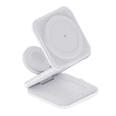 3-i-1 Fällbar Laddstation 15W Magnetisk Trådlös Laddare - Vit