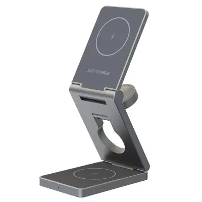 3-i-1 Fällbar Telefon Klocka Hörlurar Aluminium 15W Trådlös Laddare