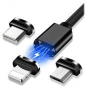 3-i-1 Magnetisk Kabel - USB-C, Lightning, MicroUSB - 1m - Svart