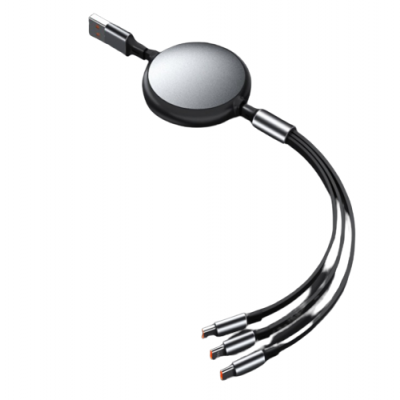 3in1 Retractable USB-C Snabbladdnings Kabel 100W - Svart