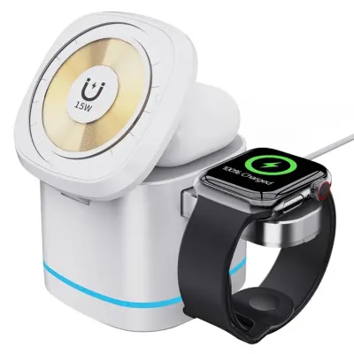 3in1 Magnetisk Trådlös Laddare för Mobil Smartklocka Hörlurar H32 - Vit