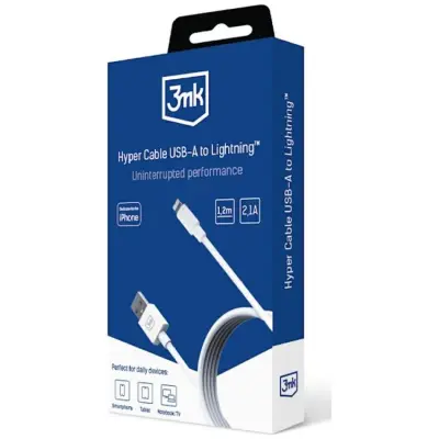 3MK Hyper USB-A till Lightning Kabel 12W 1.2m 2.1A - Vit