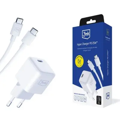 3MK Snabbladdare 25W 1xUSB-C med USB-C Kabel Hyper - Vit