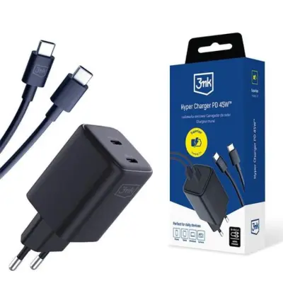 3MK Snabbladdare 45W 2x USB-C med USB-C Kabel Hyper - Svart