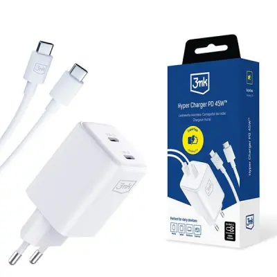 3MK Snabbladdare 45W 2xUSB-C med USB-C Kabel Hyper - Vit