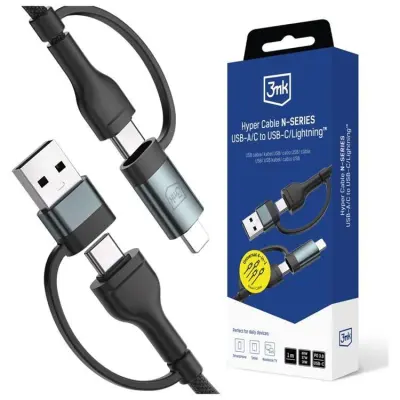 3MK USB-A/USB-C till USB-C/Lightning 60W kabel 9V/2A 1.2m Hyper - Svart