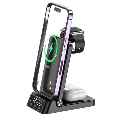 4-i-1 15W Trådlös Laddare Fällbar Mobilställning Svart