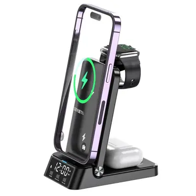 4-i-1 15W Trådlös Laddare med Fällbar Ställning - Svart