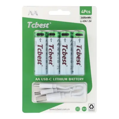 [4-Pack] TCBEST Uppladdningsbart Batteri R6 (AA) 650 mAh Typ-C
