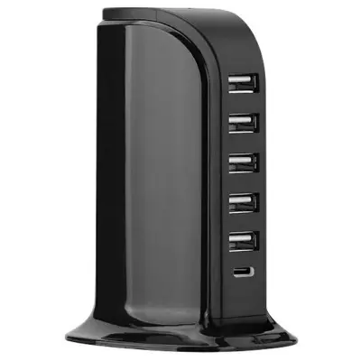 40W Multi-Port Laddare Typ-C + 5 USB-A Snabbladdningsstation - Svart