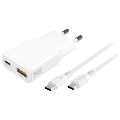 4smarts Snabbladdare 20W 1xUSB-C 1xUSB-A GaN med Kabel - Vit