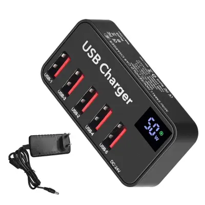 50W Smart USB-laddare med digital display, 5 portar, EU-kontakt
