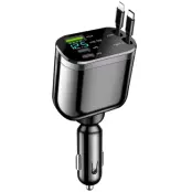 5in1 Billaddare USB-A/2x USB-C Indragbar USB-C/Lightning Kabel