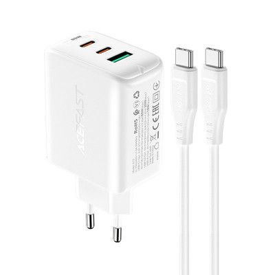Acefast 2in1 Väggladdare 2x USB-C Till USB 65W Kabel - Vit