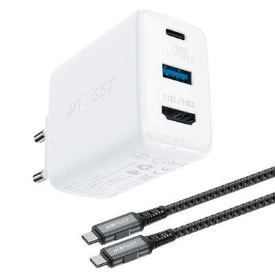 Acefast 2in1 Väggladdare 65W USB-A till USB-C/HDMI Kabel - Vit