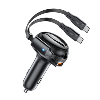 Acefast Billaddare 53W USB-A Retractable Kabel 2x USB-C - Svart