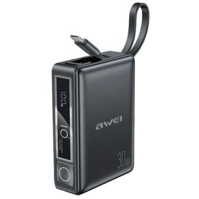 Awei Powerbank 10000mAh 30W Med Inbyggd Kabel - Svart