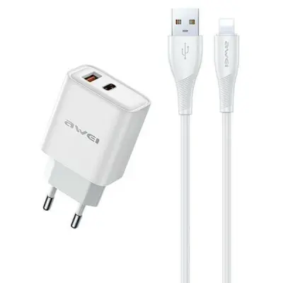 AWEI Väggladdare PD81L-EU 22.5W + USB-kabel + Lightning – Vit