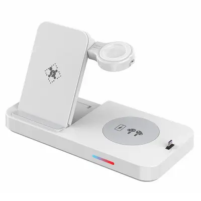 B-19 4-i-1 Magnetisk Trådlös Laddare 15W för Klocka, Hörlurar, Telefon - Vit