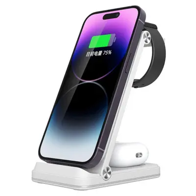 B27 3-i-1 Fällbar Trådlös Laddare för Telefon, Klocka, Hörlurar - Vit