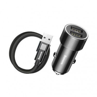 BASEUS 2I1 2-Port Billaddare + Typ-C Cable Svart