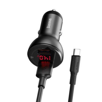 Baseus 2x USB Billaddare 45 W 5 A 3.0 USB Type C Kabel Grå