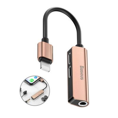 Baseus 3-in-1 iP MaleDual iP 3.5mm Female Adapter L52 guld