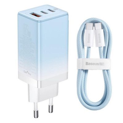 Baseus GaN3 Pro Snabbladdare 65W EU + Typ-C Kabel 100W 1m - Molnblå