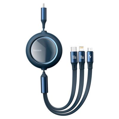 Baseus Retractable Kabel 3in1 Lightning - micro USB - USB-C 100W 1,2m - Blå