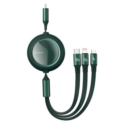 Baseus Retractable Kabel 3in1 Lightning - Micro USB - USB-C 100W 1,2m - Grön