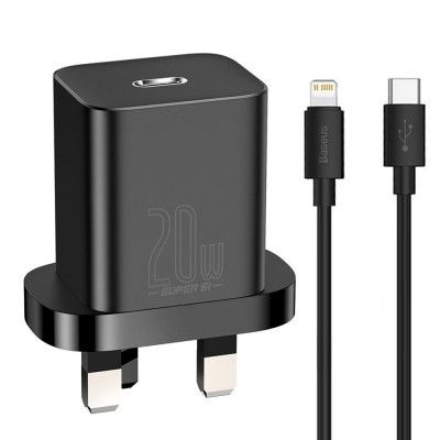 Baseus Uk Väggladdare USb Type-C Lightning Kabel 20w 1m - Svart