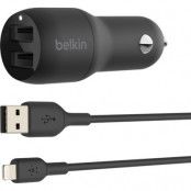 Belkin Dual Billaddare USB-A Lightning kabel 1M 24W - Svart
