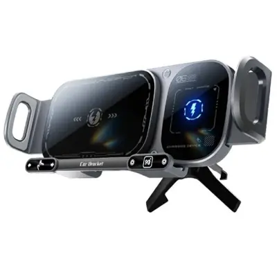 Bilhållare med 15W Trådlös Laddare Stativ med Dubbla Spolar SD01 - Grå