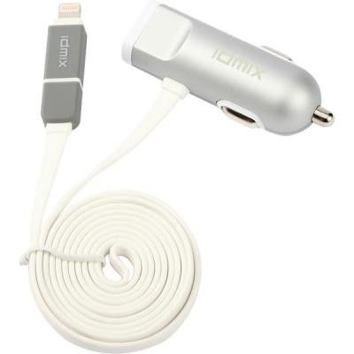 Billaddare, 2,4A, 1xUSB 5V, 1x USB Micro B med Lightning-adapter, silver