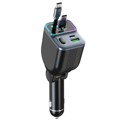 Billaddare med Dual infällbart USB-C Kabel GC15 - Svart