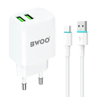 BWOO Väggladdare 2xUSB-A + USB-C Kabel 1m - Vit