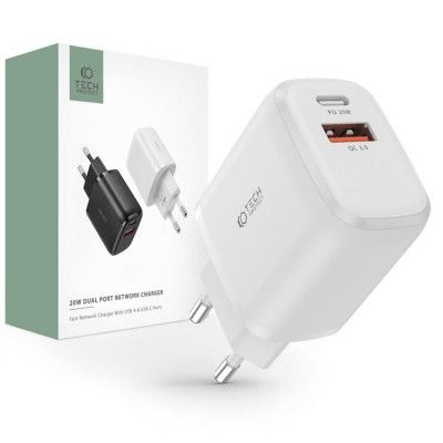 Tech-Protect C20W 2-Port Nätverk Laddare PD20W/QC3.0 - Vit