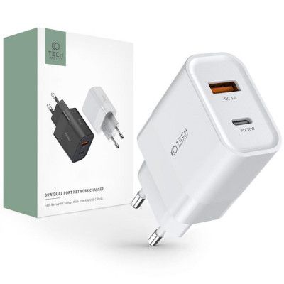 Tech-Protect C30W 2-Port Nätverk Laddare PD30W/QC3.0 - Vit