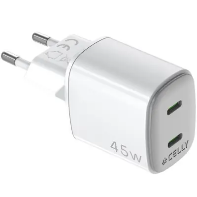 Celly Snabbladdare GaN 2 x USB-C PD 45W - Vit