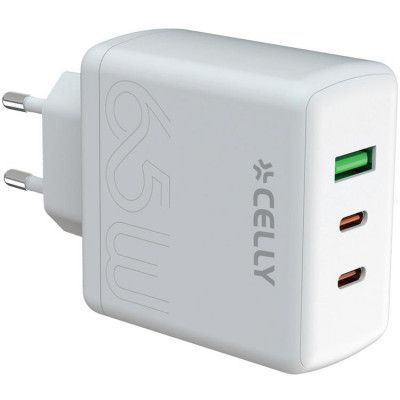 Celly Väggladdare 1xUSB 2xUSB-C PD 65W GaN - Vit