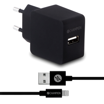 Champion Väggladdare 12W + USB-A till Lightning Kabel - Svart