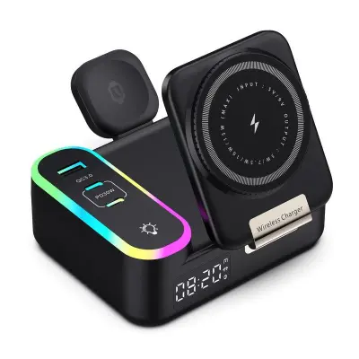 CYJ-12 15W Fällbar Trådlös Laddare med Magnet och Digital Klocka - Svart