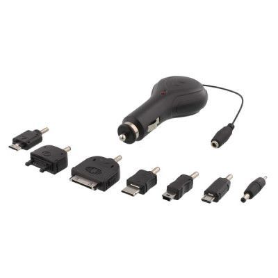 DELTACO Billaddare, 0,5A, 12V, utbytbara kontakter, utdragbar kabel, 0,9m, svart