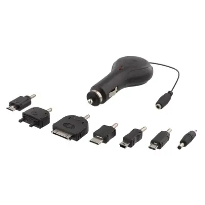 DELTACO Billaddare, 0,5A, 12V, utbytbara kontakter, utdragbar kabel, 0,9m, svart