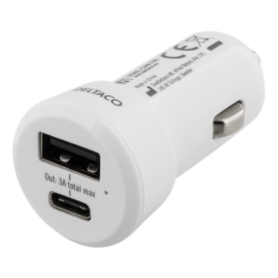DELTACO Billaddare med USB-C och USB-A - Vit